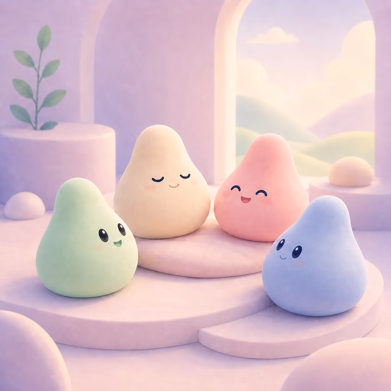 Four gentle characters resting together in a calm pastel space